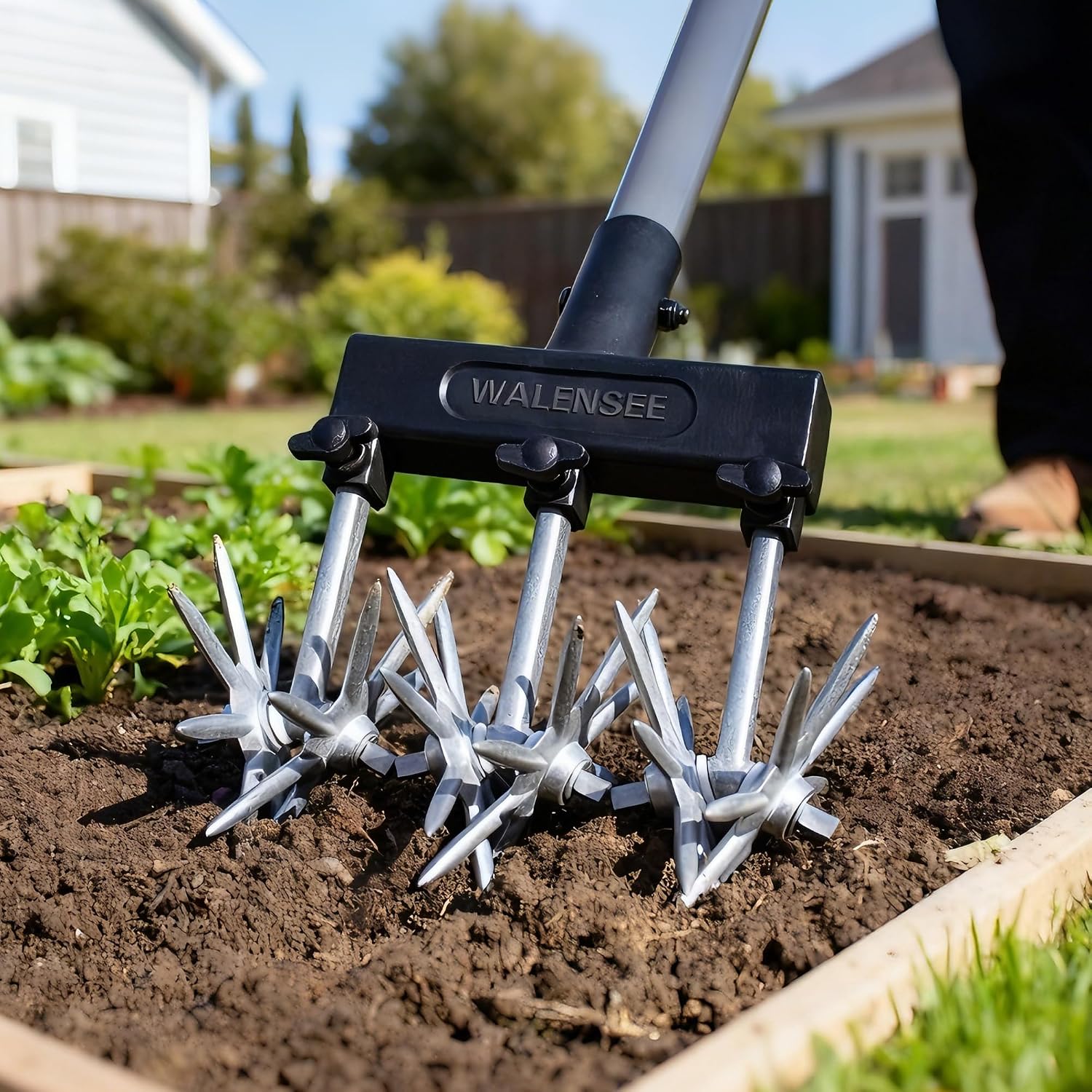 Walensee Rotary Cultivator, Hand Tiller for Soil Mixing or Reseeding | Star-Shaped Rotating Tines Break Up Soil Clods