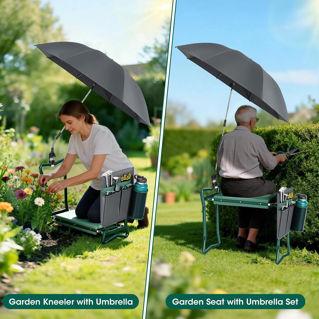 OAOA innovation 2-in-1 Garden Kneeler with Umbrella, Kneeling Bench & Grey Umbrella, Portable Stool 330lb Capacity