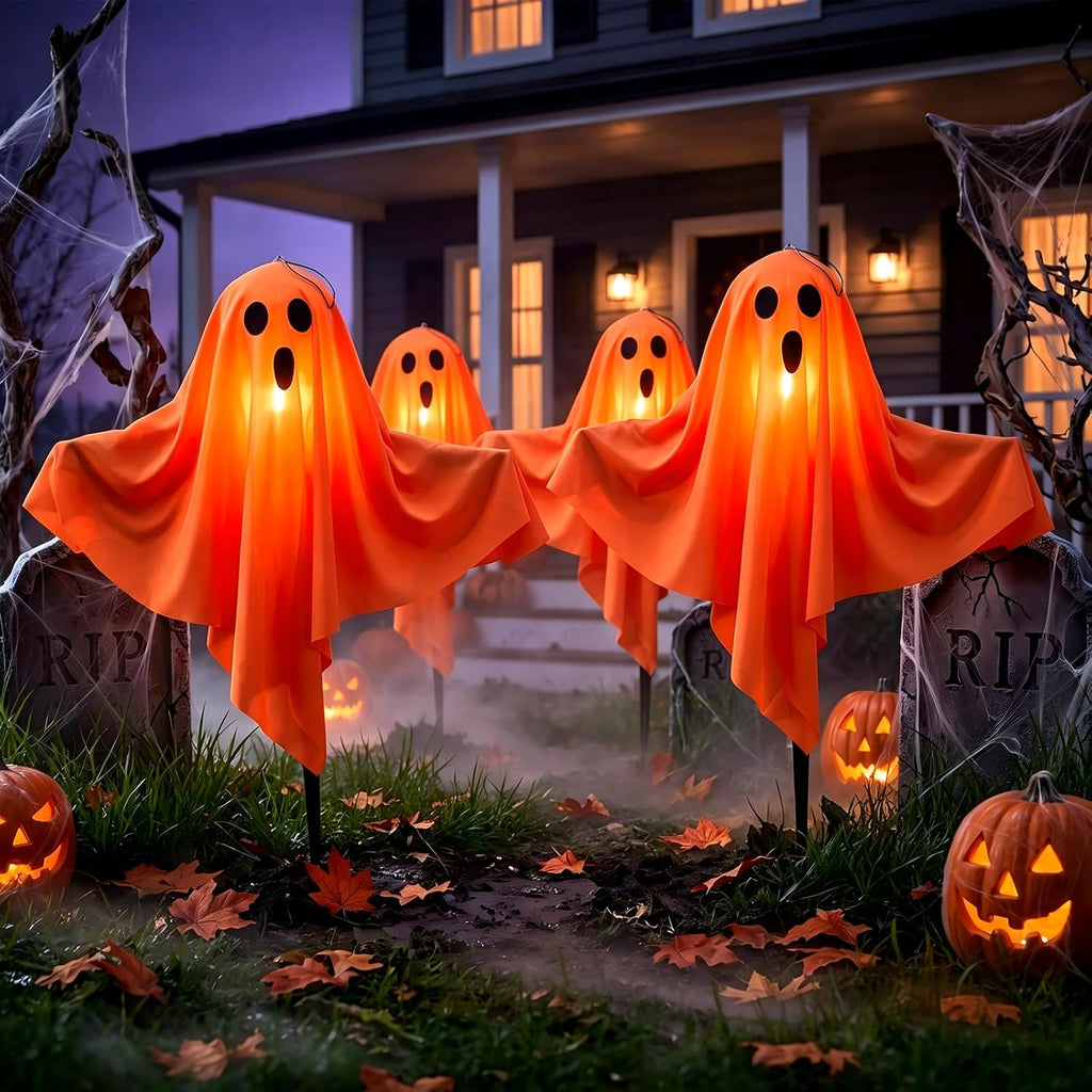 11.5FT Halloween Ghost Pathway Lights Outdoor, 4 Pack Orange Walkway lights