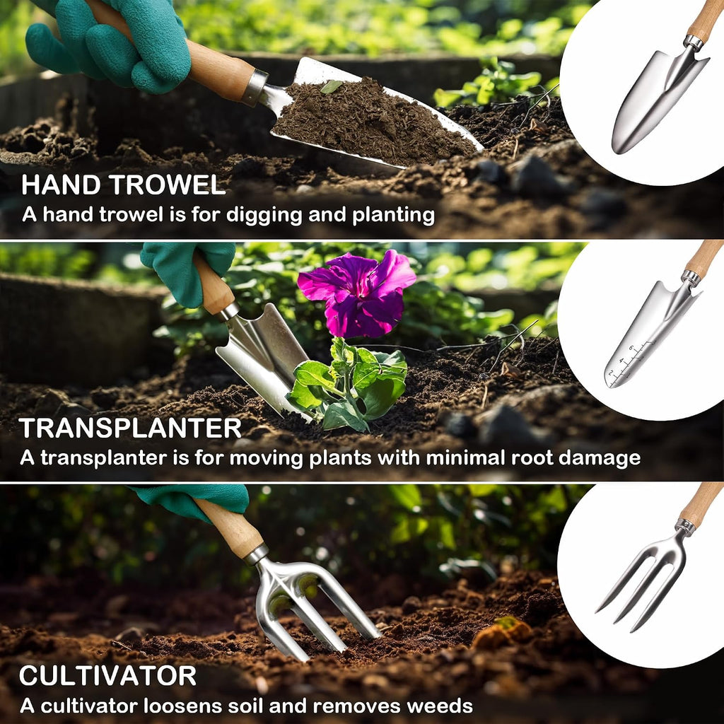 Bluemars Gardening Hand Tool Kit 14PCS Heavy Duty Stainless Steel Garden Tool Set with Floral Garden Tote -Outdoor