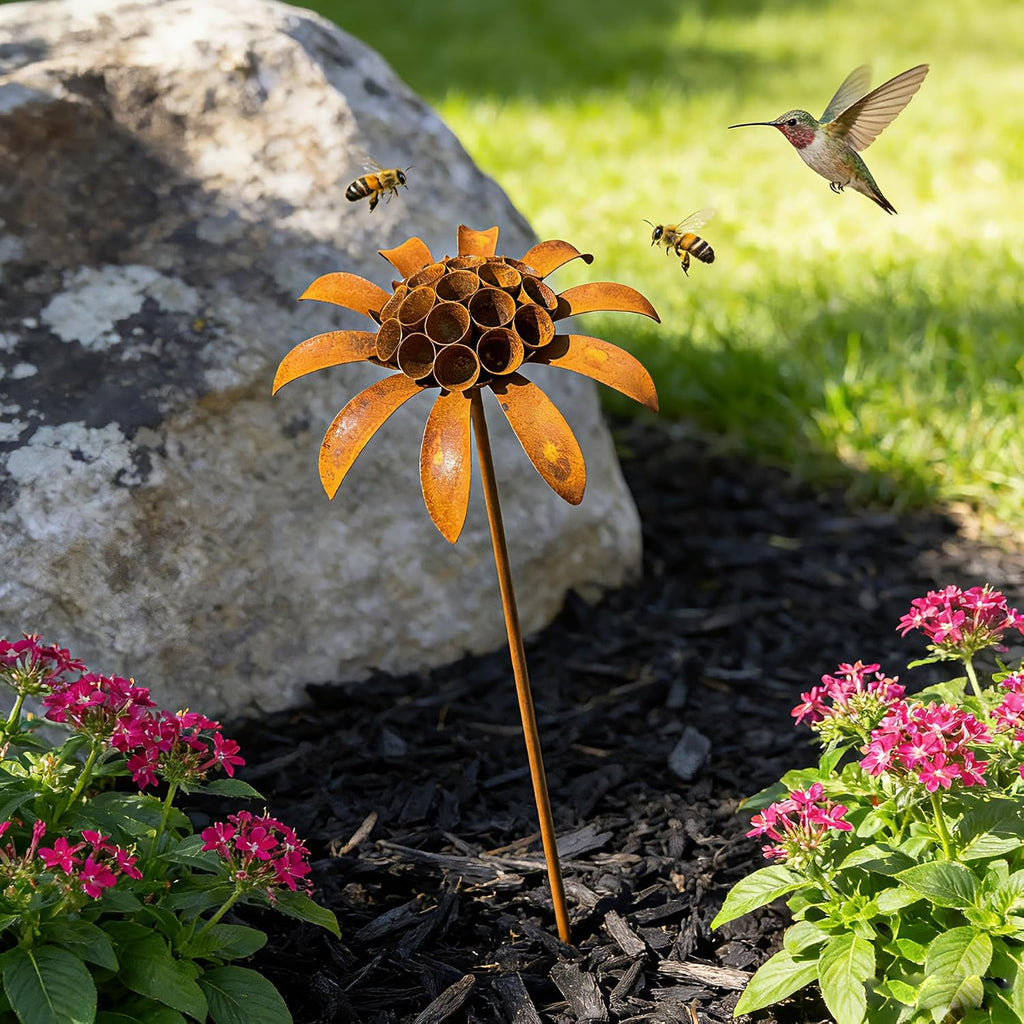 Metal Flowers - 30inch Rusty Metal Outdoor Garden Flowers Yard Art Stakes | Metal Yard Art & Metal Garden Stakes