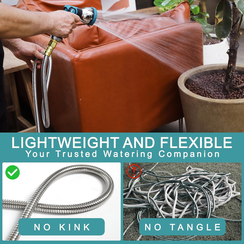 25FT Garden Hose, Stainless Steel Water Hose Flexible with a 10-Mode Nozzle Sprayer, No Kink, Lightweight, Puncture