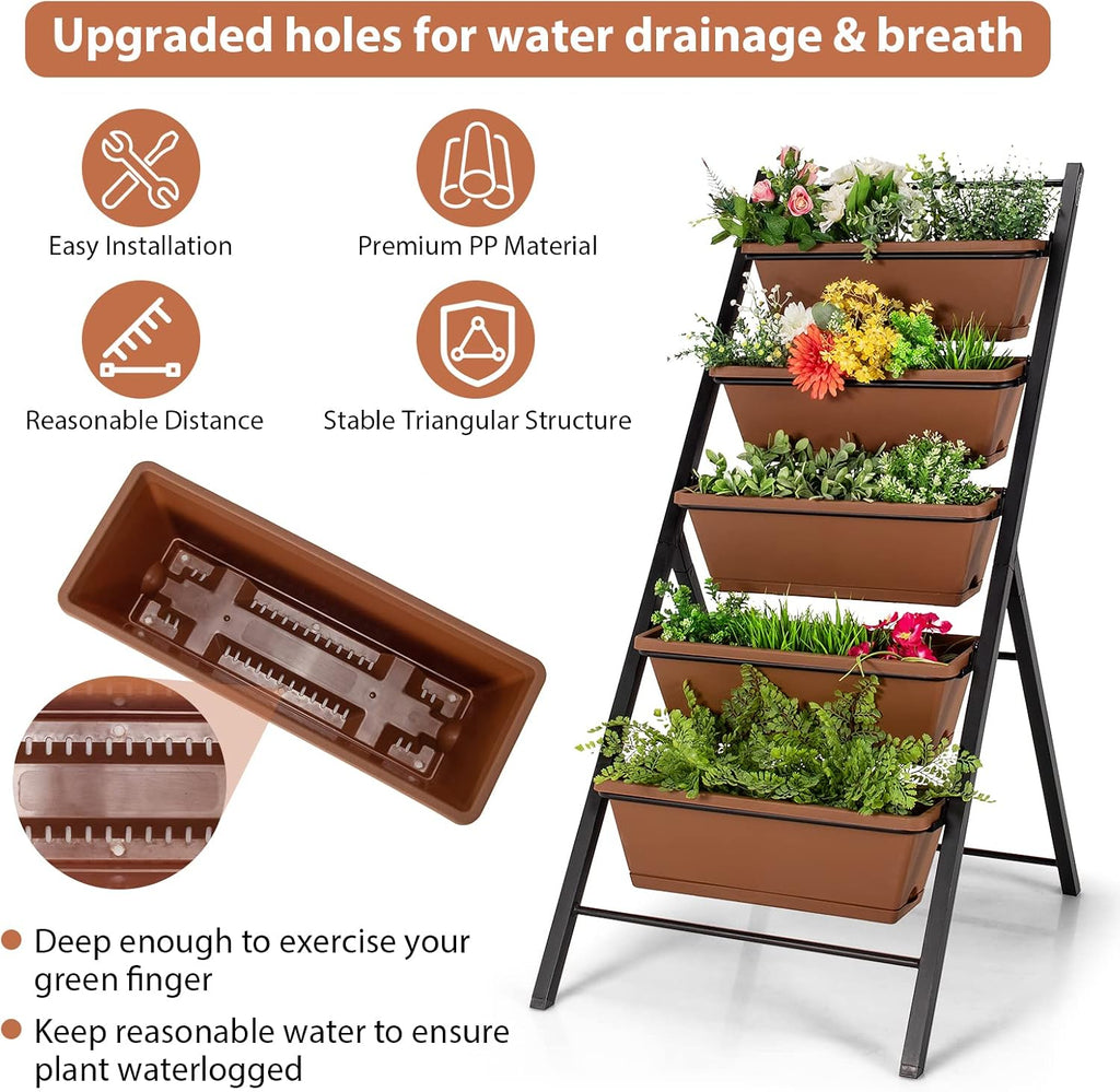 Giantex Vertical Planter Raised Bed, Elevated Garden Beds with Water Drainage Hole, Freestanding 5 Container Boxes for