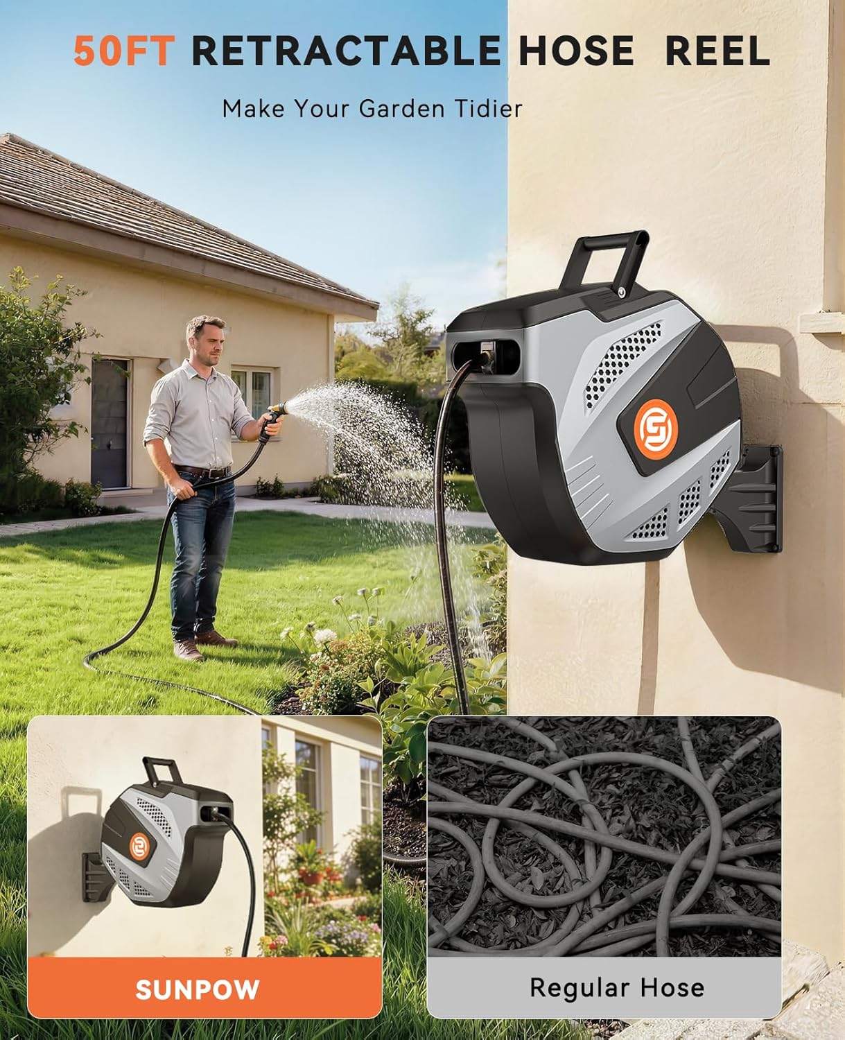 SUNPOW Retractable Garden Hose Reel - 1/2 inch x 50ft Heavy Duty Wall Mounted Hose Reel with 3/4 inch Brass Fitting &