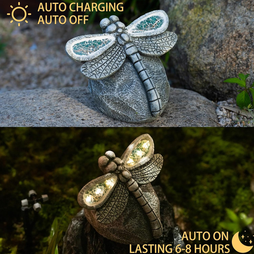 Rezpuao Garden Statue Dragonfly,Solar Dragonfly Decor for Outdoor,Resin Dragonflies Figurine with Solar Light for