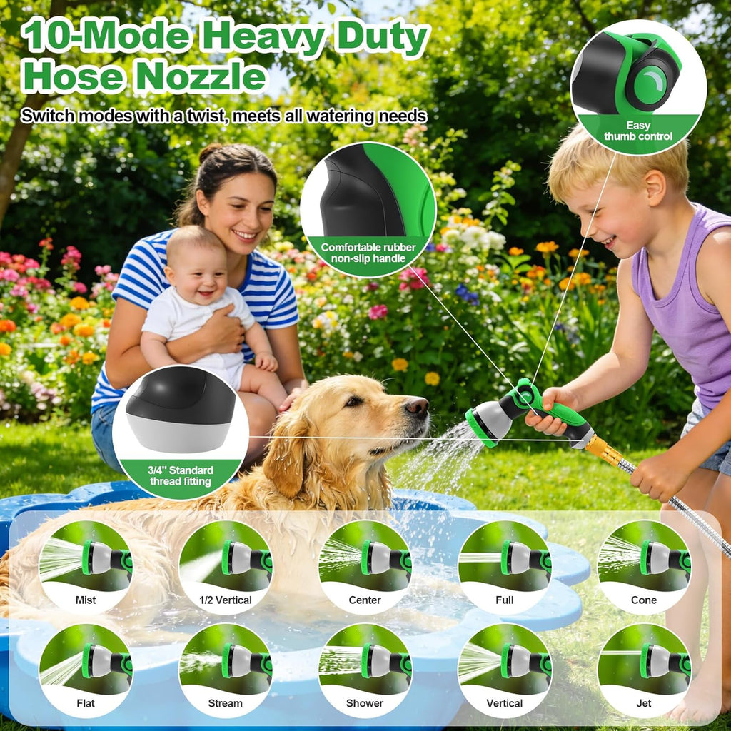 Garden Hose 50FT, Stainless Steel Metal Water Hose with 10-Function Nozzle | No-Kink, Leak-Proof, Wear-Resistant, 3/4