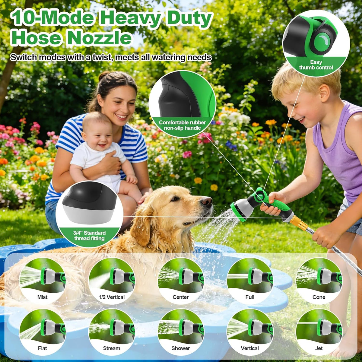 Garden Hose 50FT, Stainless Steel Metal Water Hose with 10-Function Nozzle | No-Kink, Leak-Proof, Wear-Resistant, 3/4
