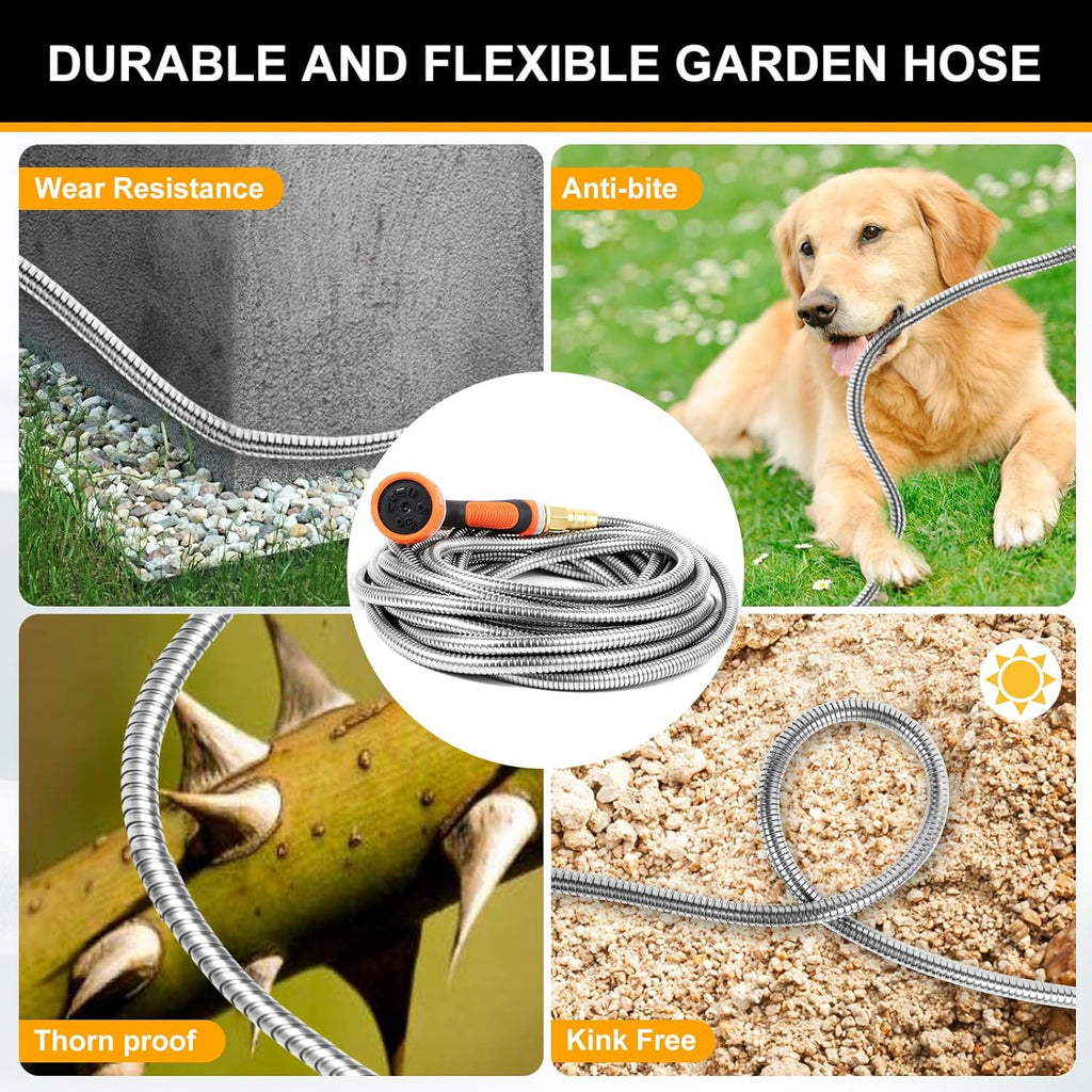 Metal Garden Hose 100 ft, Stainless Steel Water Hose 100ft with 10 Function Nozzle & 3/4 Copper Fitting, Heavy Duty &