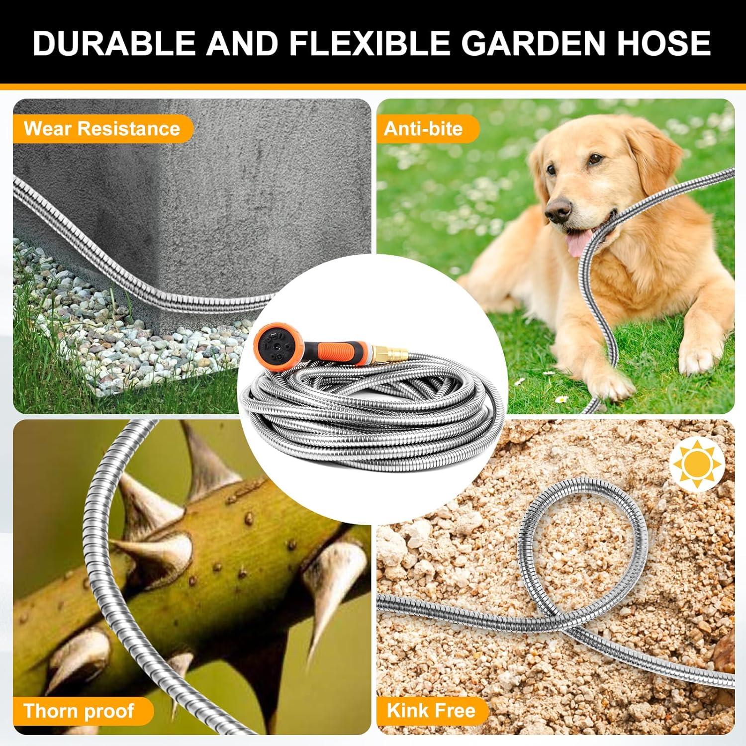 Metal Garden Hose 100 ft, Stainless Steel Water Hose 100ft with 10 Function Nozzle & 3/4 Copper Fitting, Heavy Duty &
