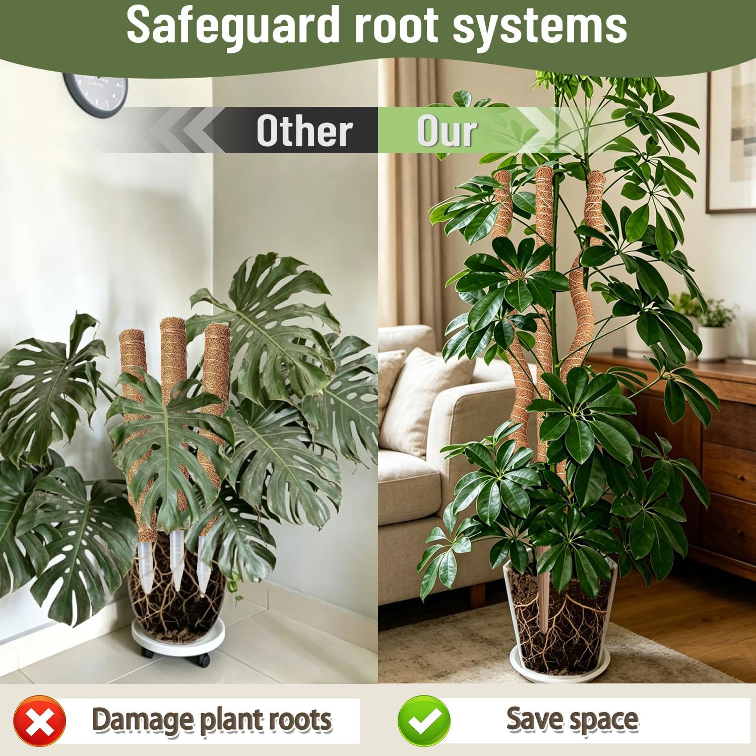 3-in-1 Moss Pole, Bendable 30IN Monstera Plant Support for Indoor-2 Pack | 3 Integrated Moss Poles for Climbing Plants