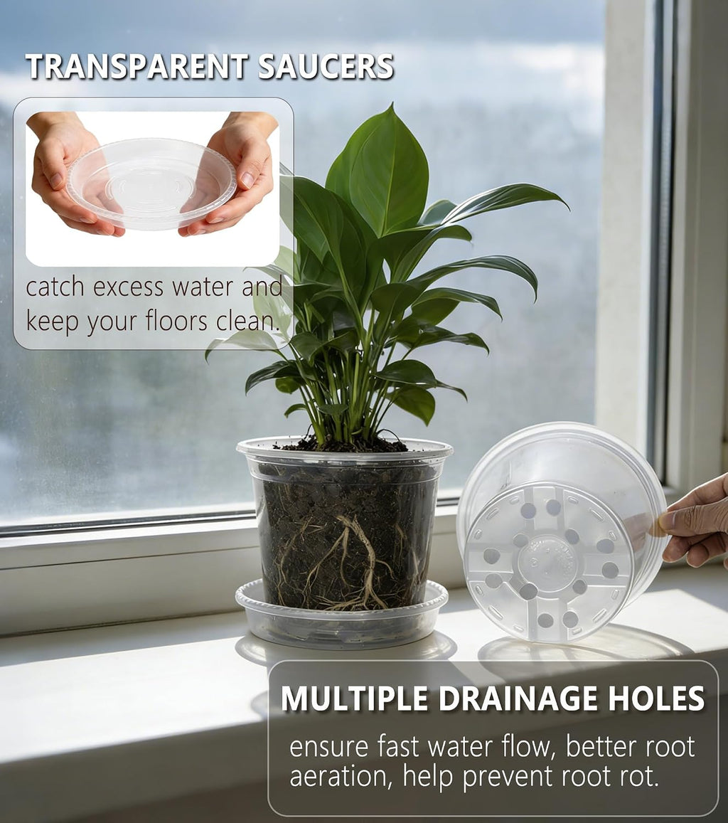 20-Pack Clear Nursery Pots with Saucers & Repotting Mat (4/5/6/7 Inch) – Transparent Plastic Plant Pots with Drainage