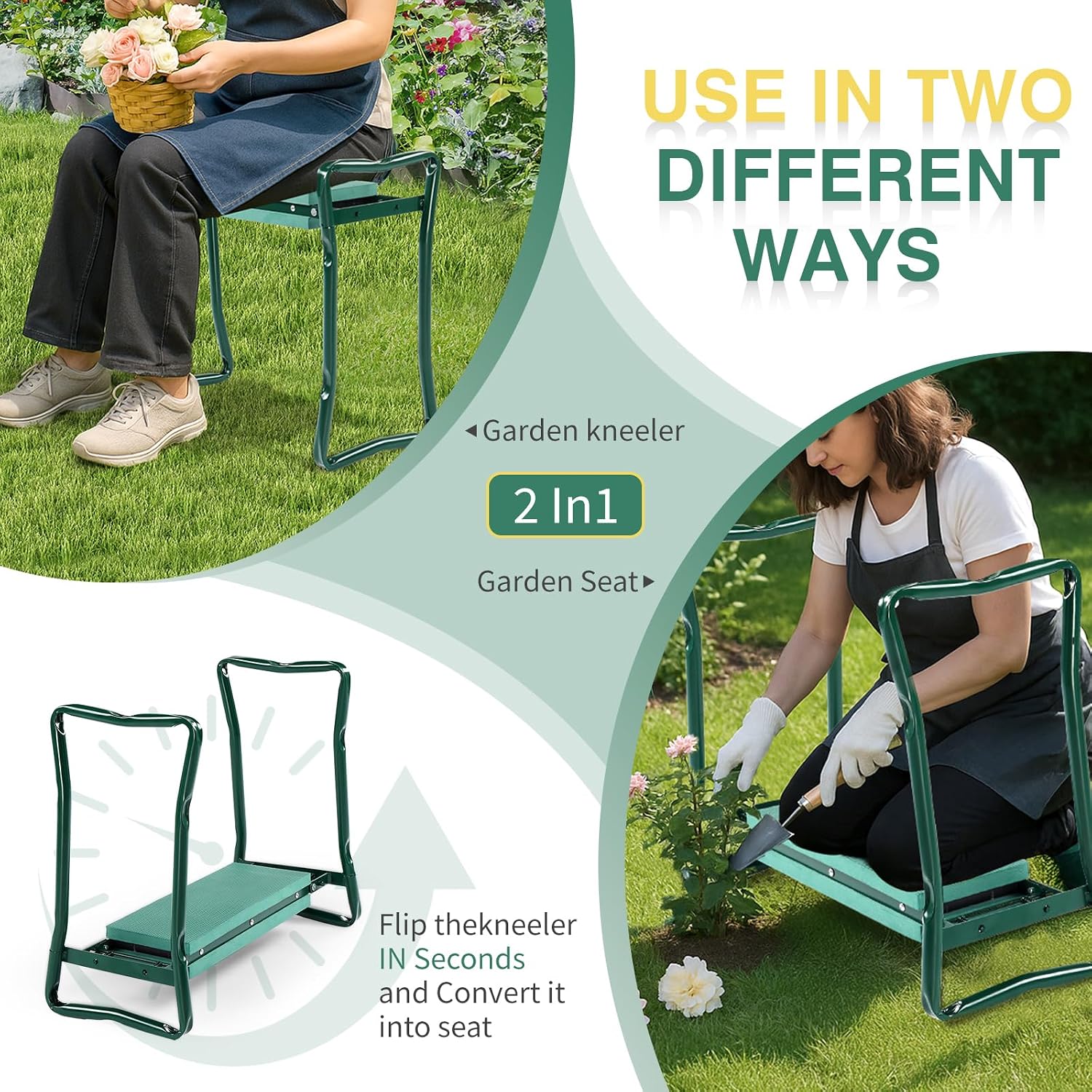 VINGLI 24in Foldable Garden Kneeler and Seat with Tool Pouch, 2-in-1 Function Portable Thicken Soft Kneeling Pad Garden