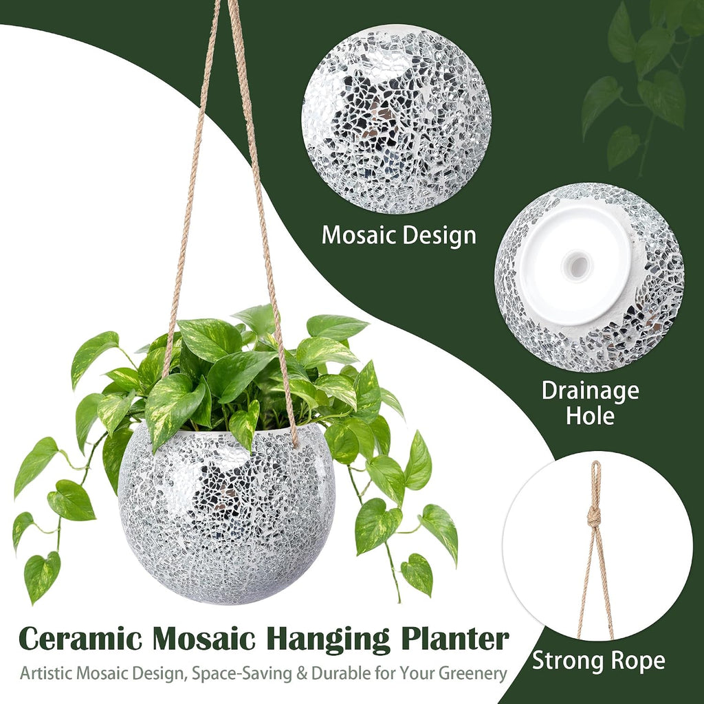 Ceramic Hanging Planter, Silver Small Flower Plant Pot Indoor Decor | Handmade Mosaic Disco Ball Design, with Drainage