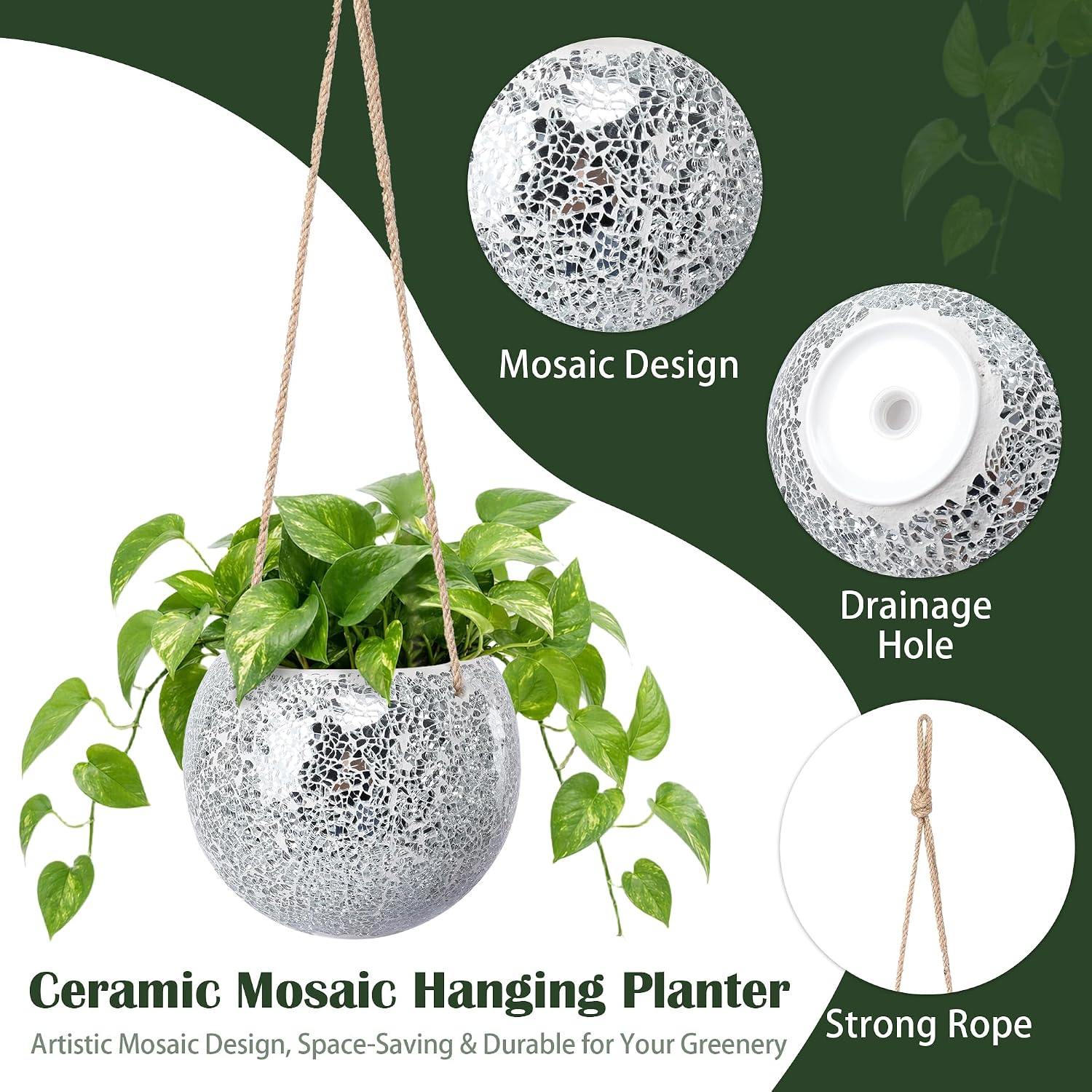 Ceramic Hanging Planter, Silver Small Flower Plant Pot Indoor Decor | Handmade Mosaic Disco Ball Design, with Drainage