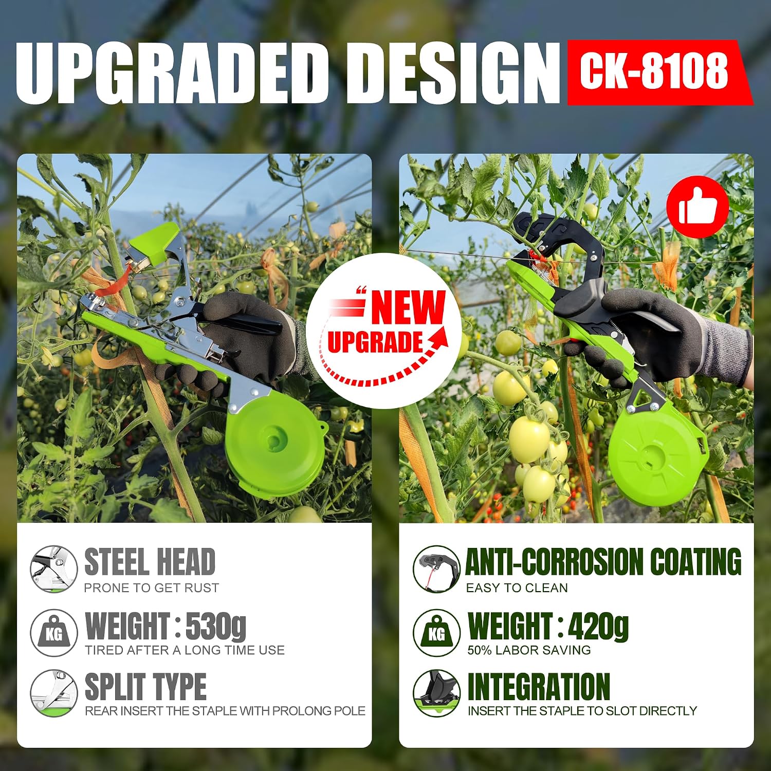 Cekegon Plant Tying Machine, 420g Tapener Tying Tool Plant Tying Tool | 20 Rolls Tape 10000pcs Staples Green