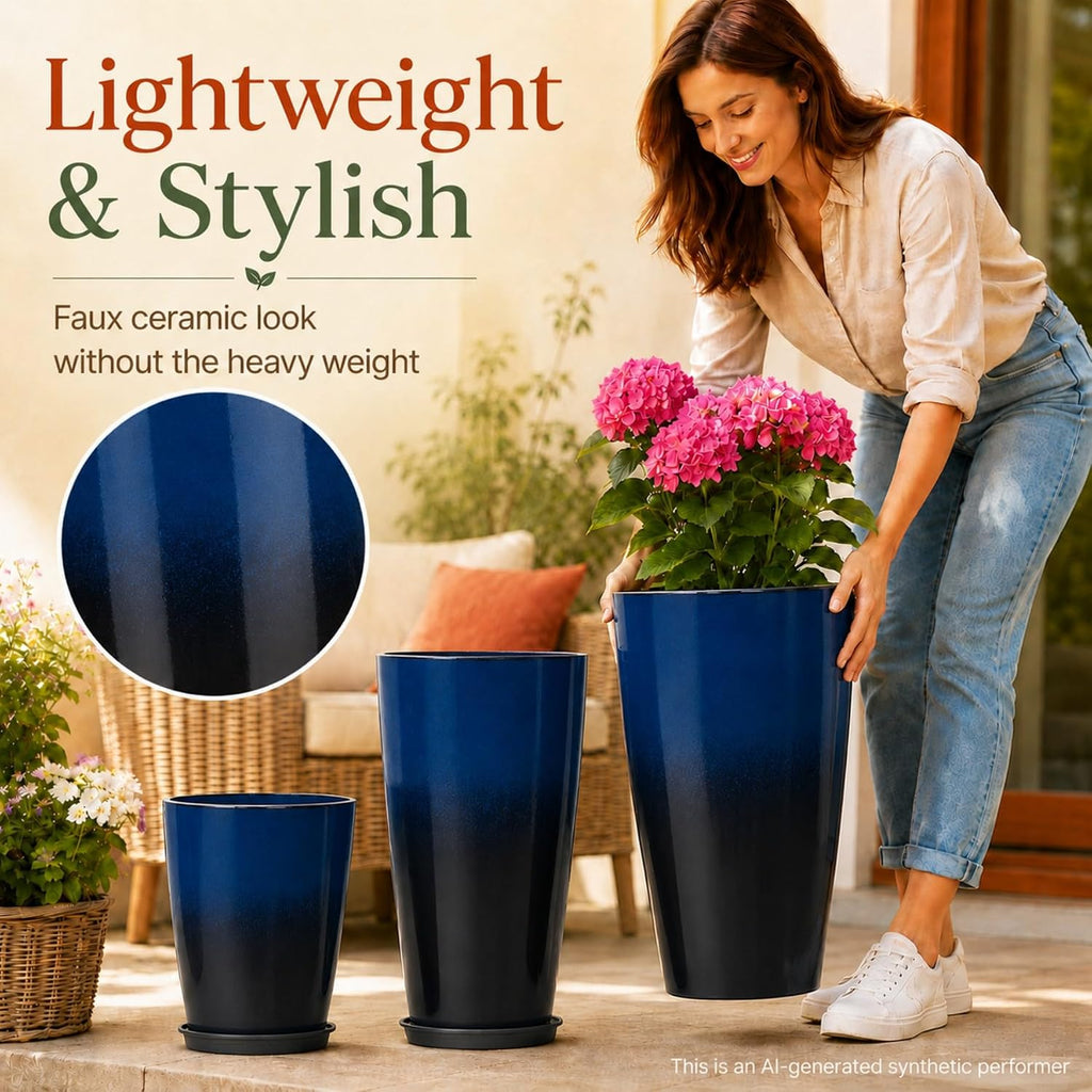 Neoaider Set of 3 Tall Planter, 24/21/12in Large Plastic Planter, Dark Blue | Ceramic-Look, Lightweight, Built-in Drain
