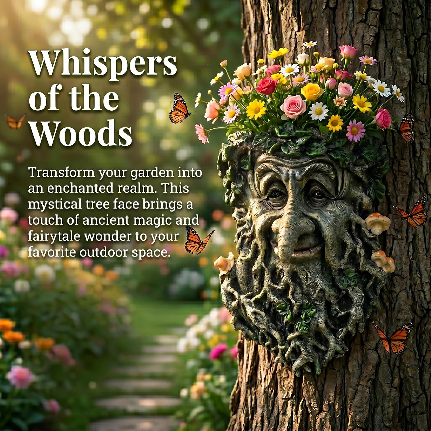 Old Man Tree Face Outdoor Decor Garden Statue Sculpture | Tree Face Hugger Flower Pot, Weatherproof, Rustic Fairy