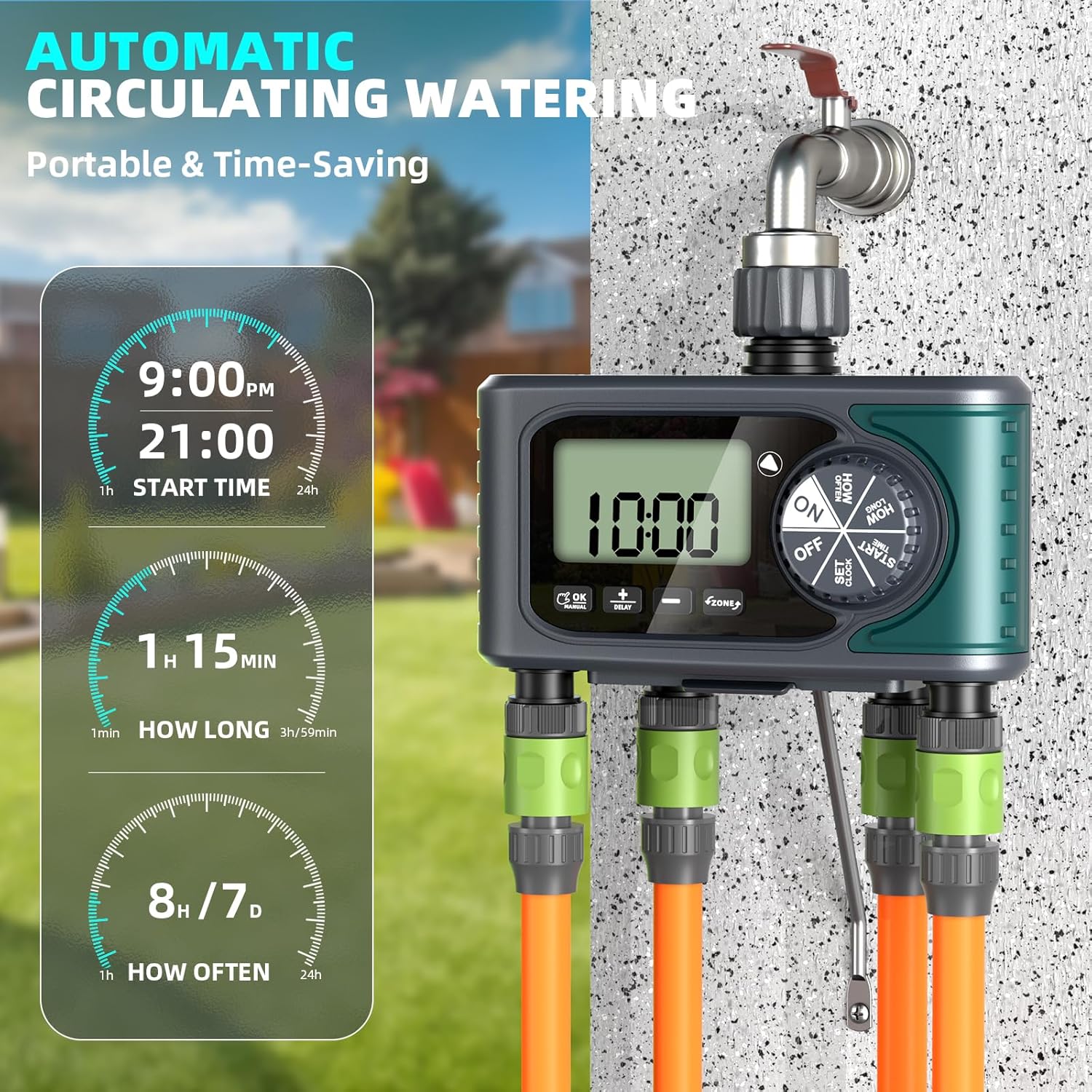 Sprinkler Timer for Outdoor Hose Faucet 4 Zone, Programmable Hose Timer with Rain Delay/Manual/Automatic Watering