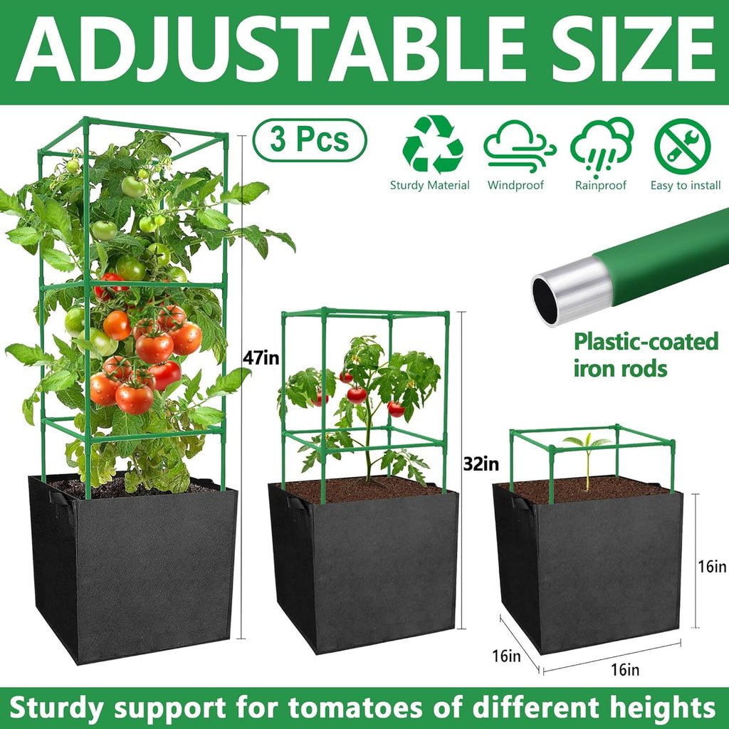 3 Packs 47 x 16 x 16 Inch Garden Tomato Cages with 17 Gallon Grow Bags- Square Plant Support Trellis Assembled with