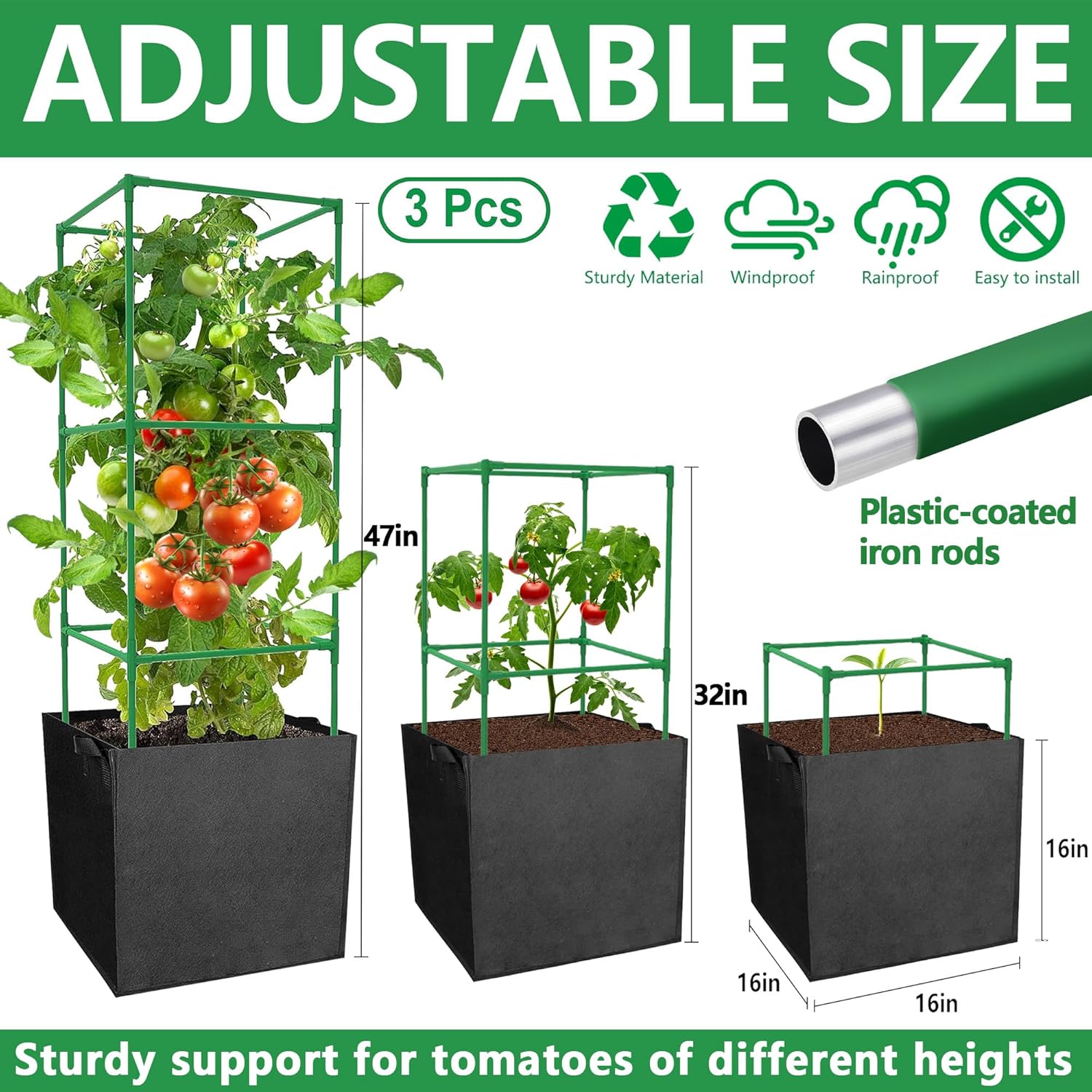3 Packs 47 x 16 x 16 Inch Garden Tomato Cages with 17 Gallon Grow Bags- Square Plant Support Trellis Assembled with
