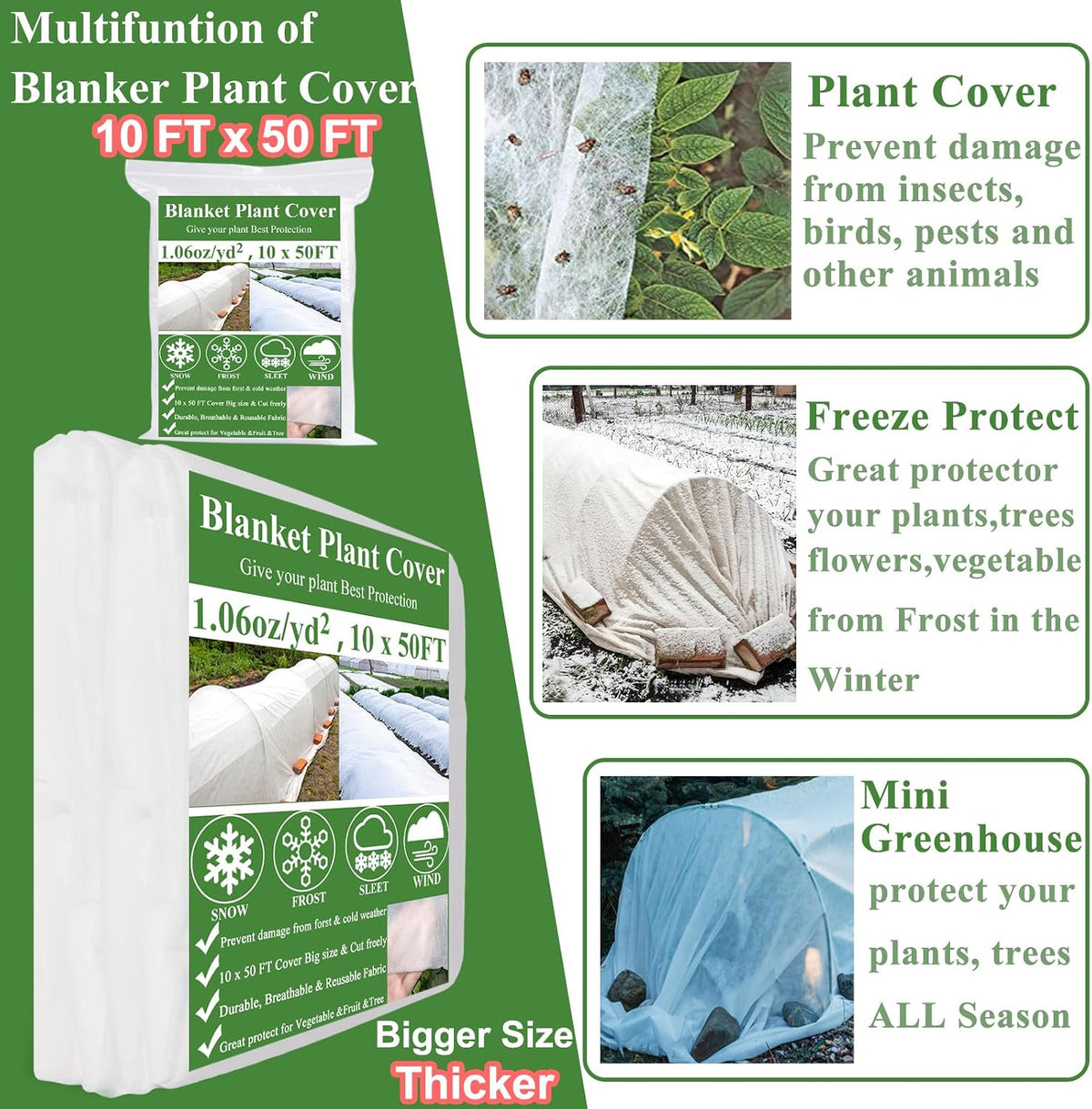 10X50FT Plant Covers Frost Protection Kit, Garden Hoops Kit for Winter Oudoot Plants, Floating Row Cover Frost Cloth