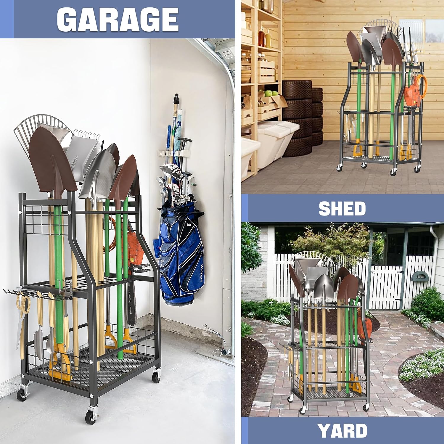WALMANN Garden Tool Organizer with Wheels for Garage, Rakes/Shovels/Yard Tools Storage Stand for Garden, Shed