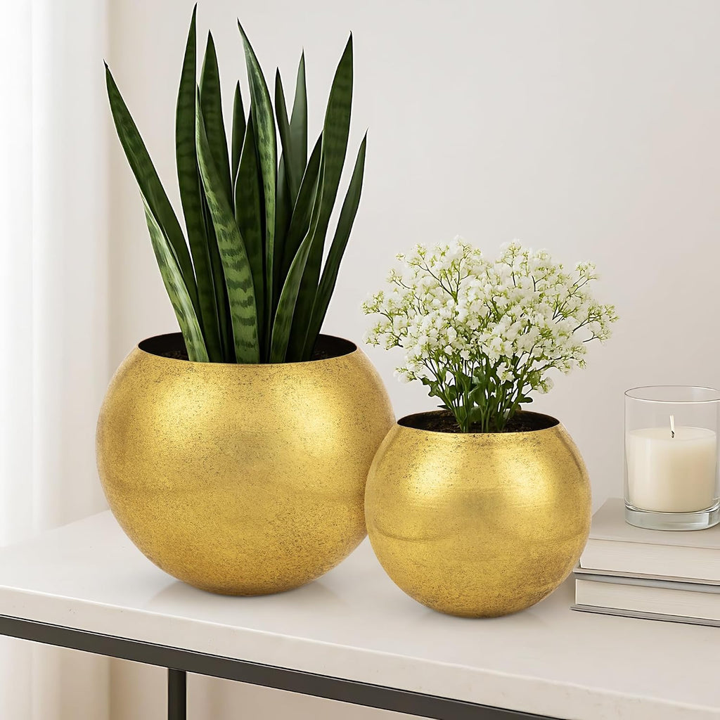 Oairse Round Gold Metal Flower Pots - 2 PCS Galvanized Planters with Drainage Hole Farmhouse Rustic Garden Rustproof