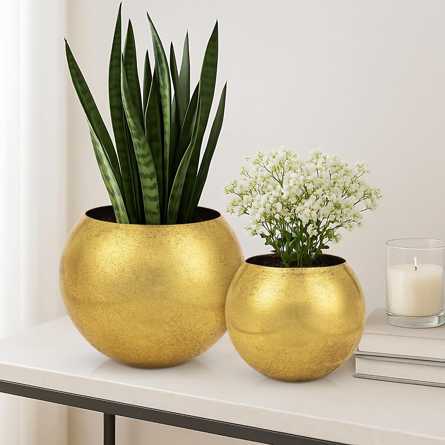 Oairse Round Gold Metal Flower Pots - 2 PCS Galvanized Planters with Drainage Hole Farmhouse Rustic Garden Rustproof