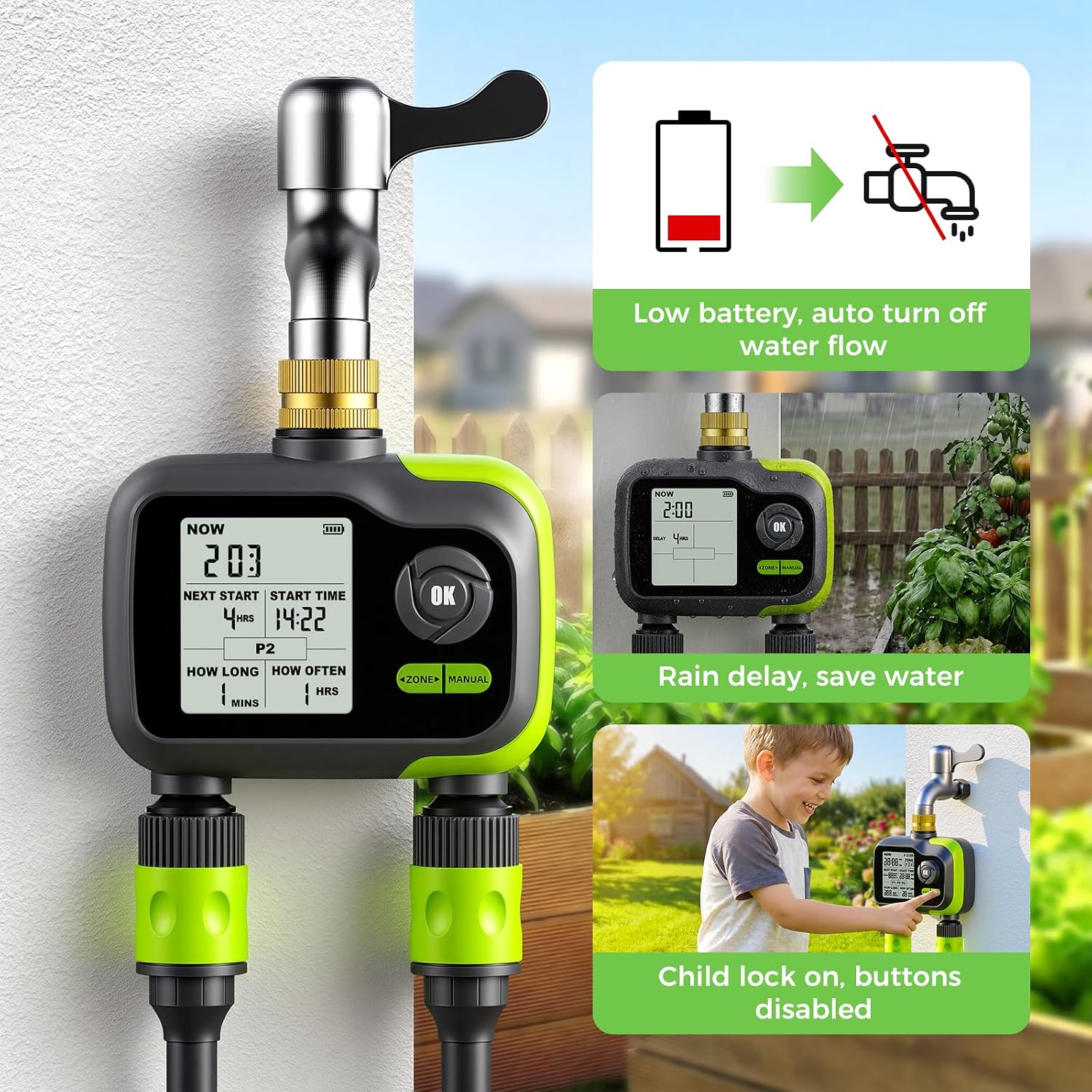 Sprinkler Timer, Brass Inlet Programmable Watering Timer for Garden Hose Fits 3/4” US Faucet, Outdoor Auto& Manual Hose