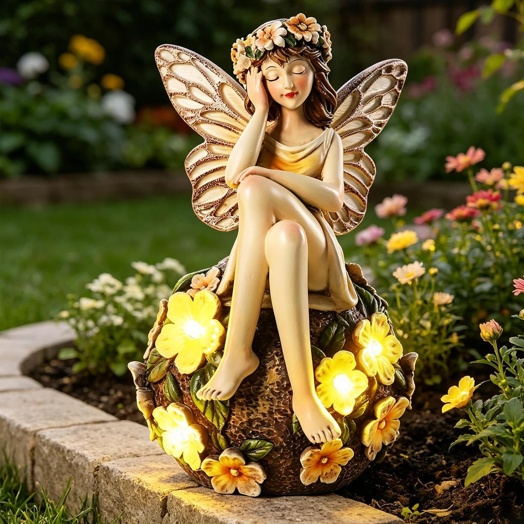 Solar Fairy Statue Sitting on the Flower Ball Light 6.8"Angel Statues | for Garden Yard Patio Porch Lawn Decor Resin