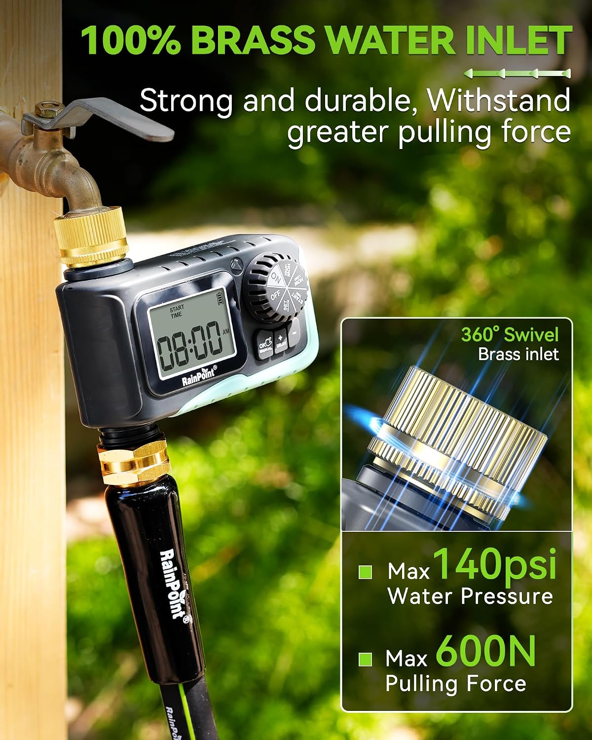 RAINPOINT Sprinkler Timer with Brass Swivel | Programmable Water Timer for Garden Hose with Rain Delay/Manual Watering