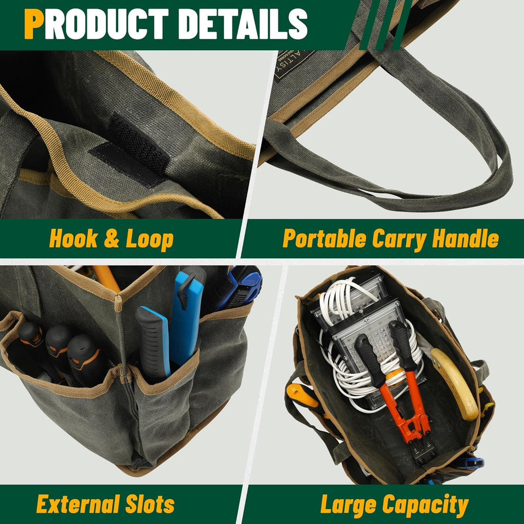 Tool Tote Bag, Heavy Duty 16oz Waxed Canvas Garden Tool Bag | Portable 11-Pocket Tool Storage Bag for Gardener