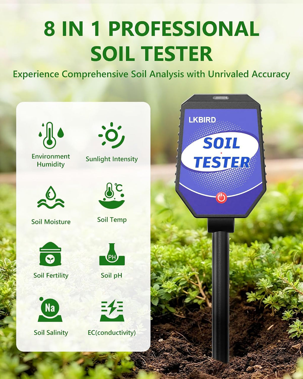 8-in-1 Soil Tester with APP Monitoring, Soil Moisture pH Meter, Light, Salinity, Fertility, EC, Temperature, Humidity