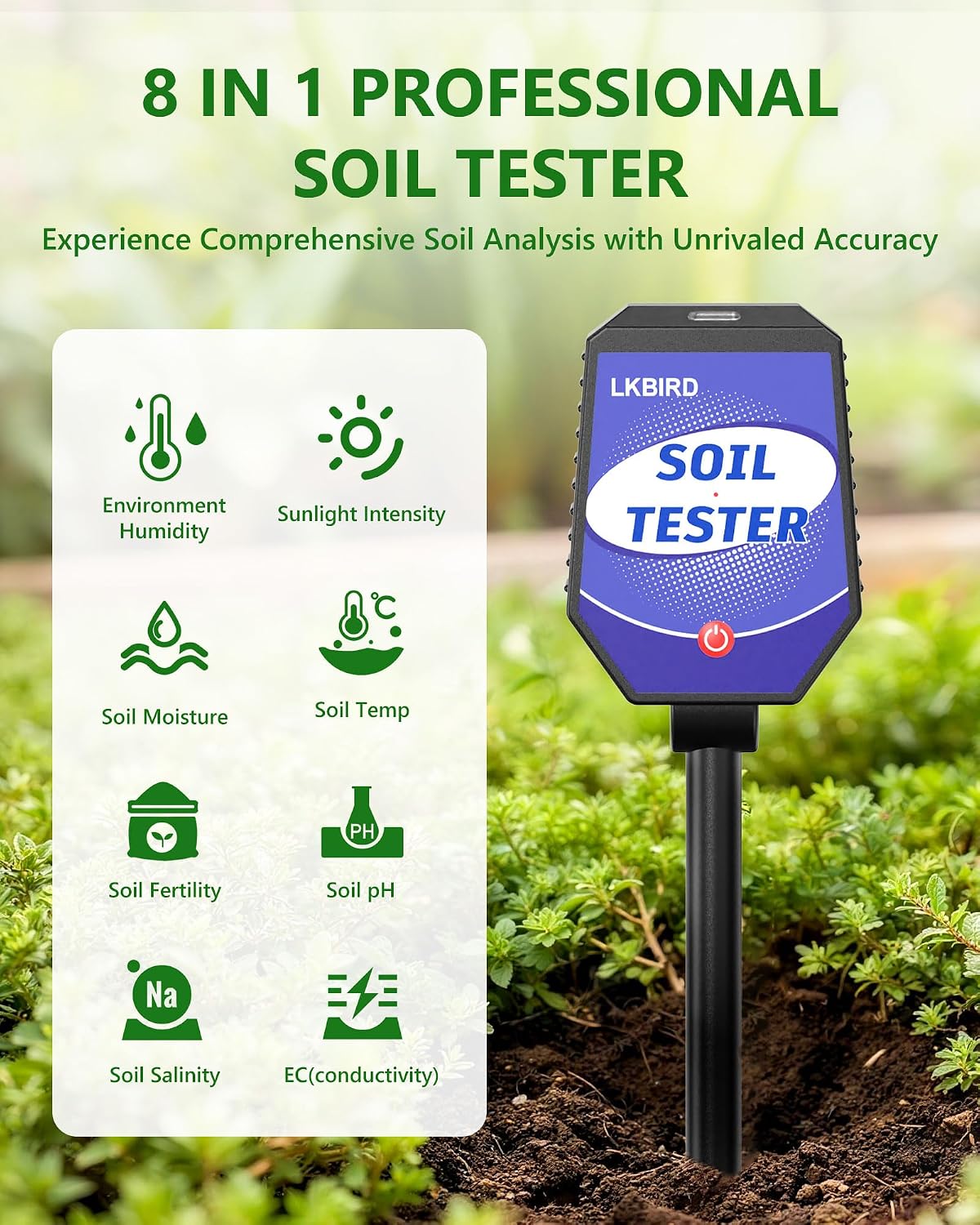 8-in-1 Soil Tester with APP Monitoring, Soil Moisture pH Meter, Light, Salinity, Fertility, EC, Temperature, Humidity