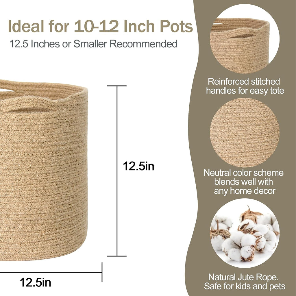 Woven Jute Plant Basket, Wicker Basket Planter for 11 inch Pot, Round Indoor Tree Pot Cover, Small Boho Storage Bin