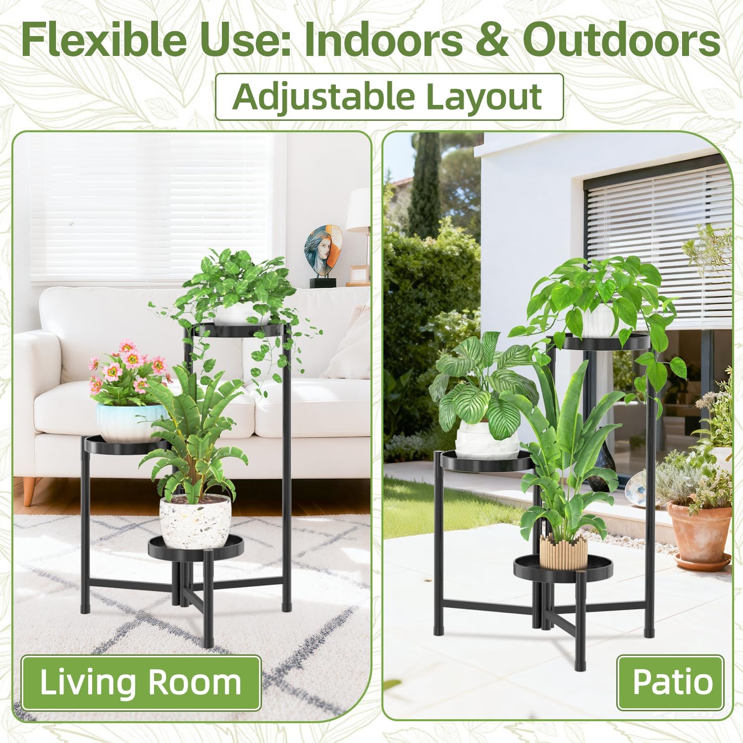 iDavosic.ly Plant Stand Indoor Outdoor, 3 Tier Metal Corner Shelf, Black | Tiered Flower Display Holder, Folding Multi