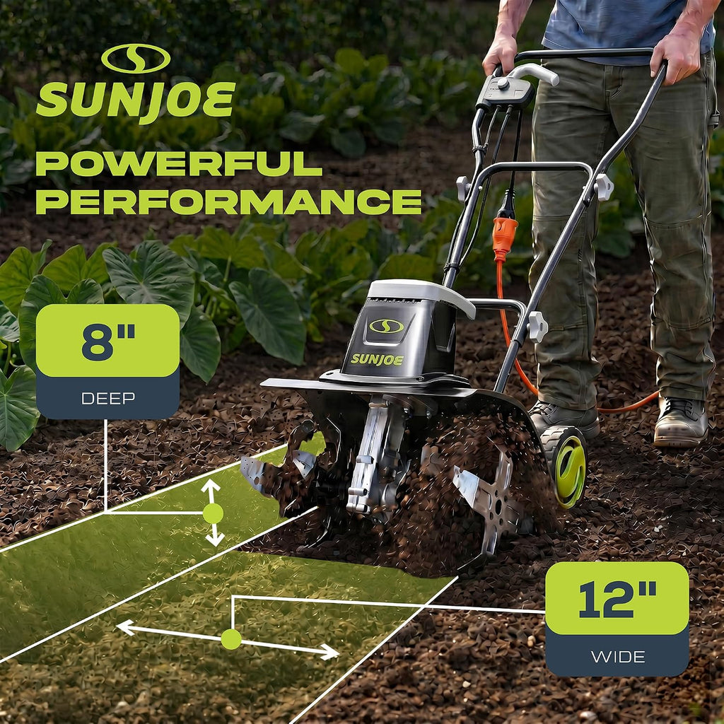 Sun Joe Electric Garden Tiller and Cultivator with 3 Position Height Adjustment Maximum 12-inch Cultivating Width and 8