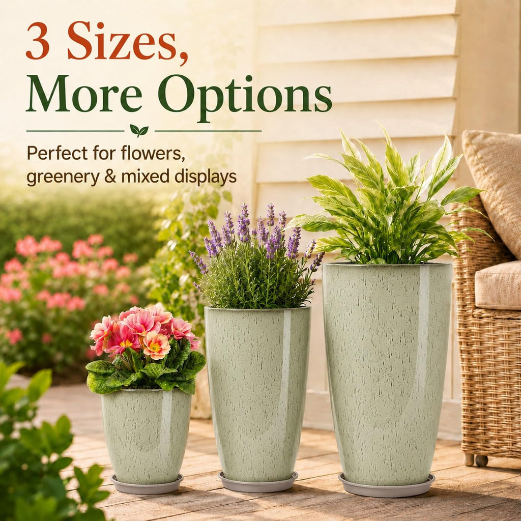 Neoaider Set of 3 Tall Planter, 24/21/12in Large Plastic Planter, DripGlaze | Ceramic-Look, Lightweight, Built-in Drain