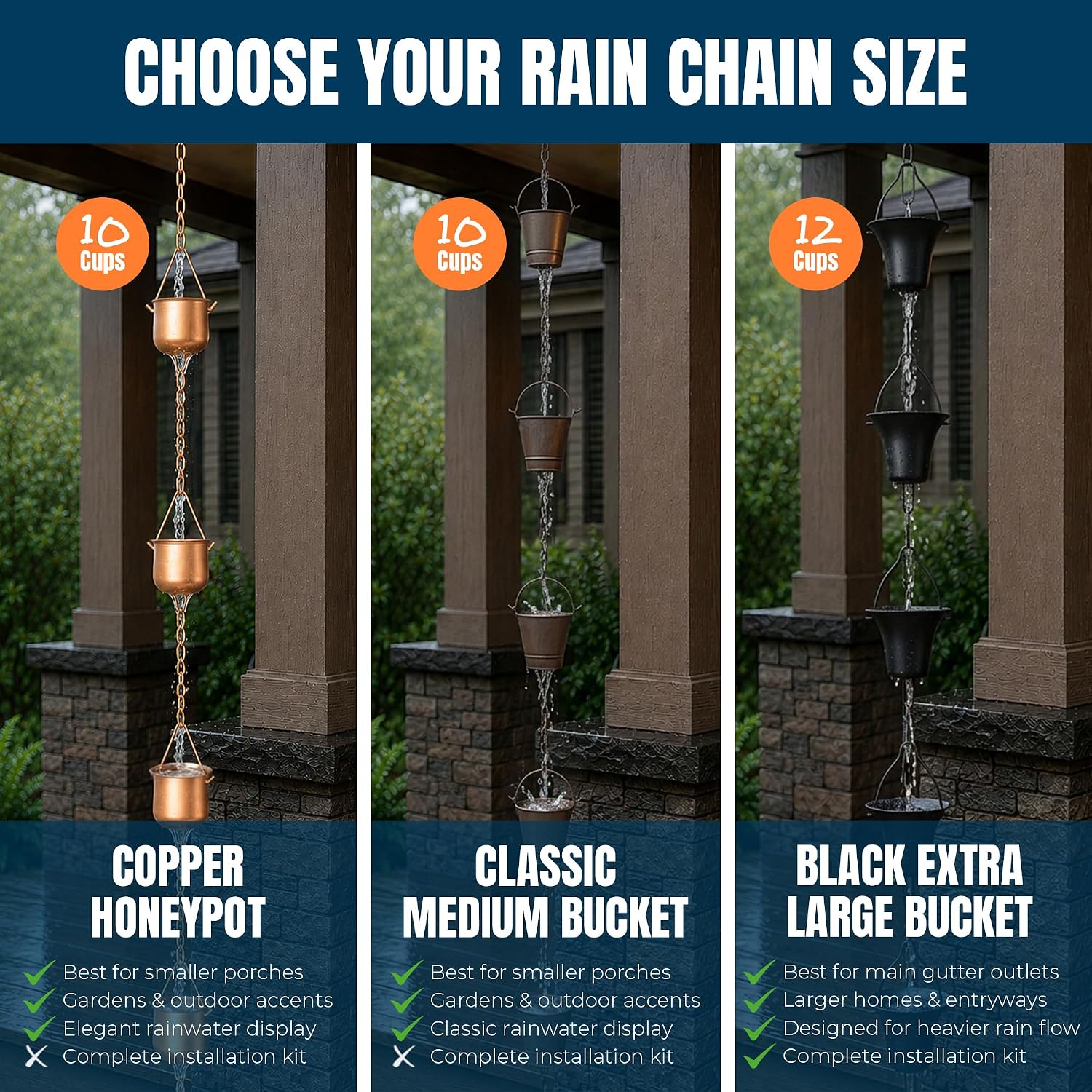MEKKAPRO Iron Rain Chain for Gutters, 8.5ft 10-Cup, Dark Brown, Bucket-M | Iron Powder-Coated Chain Built for Heavy