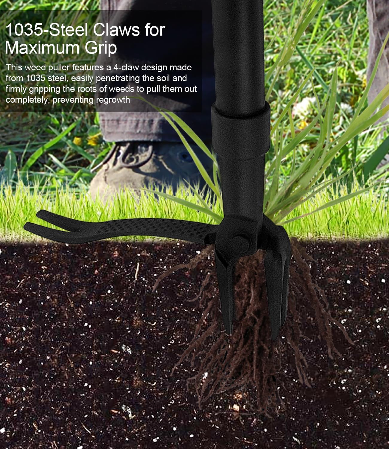 Weed Puller Tool, 4-Claw Stand Up Gardening Hand Weeding Tool with Adjustable 47.8" Stainless Steel Handle & 1035 Steel