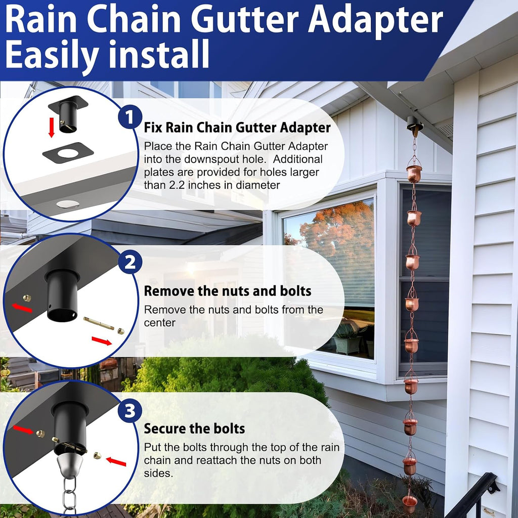4pack Rain Chain Gutter with Bolt Anti-Rust Black Metal Adapter Decorative Rain Chains for Outside Gutter Downspout