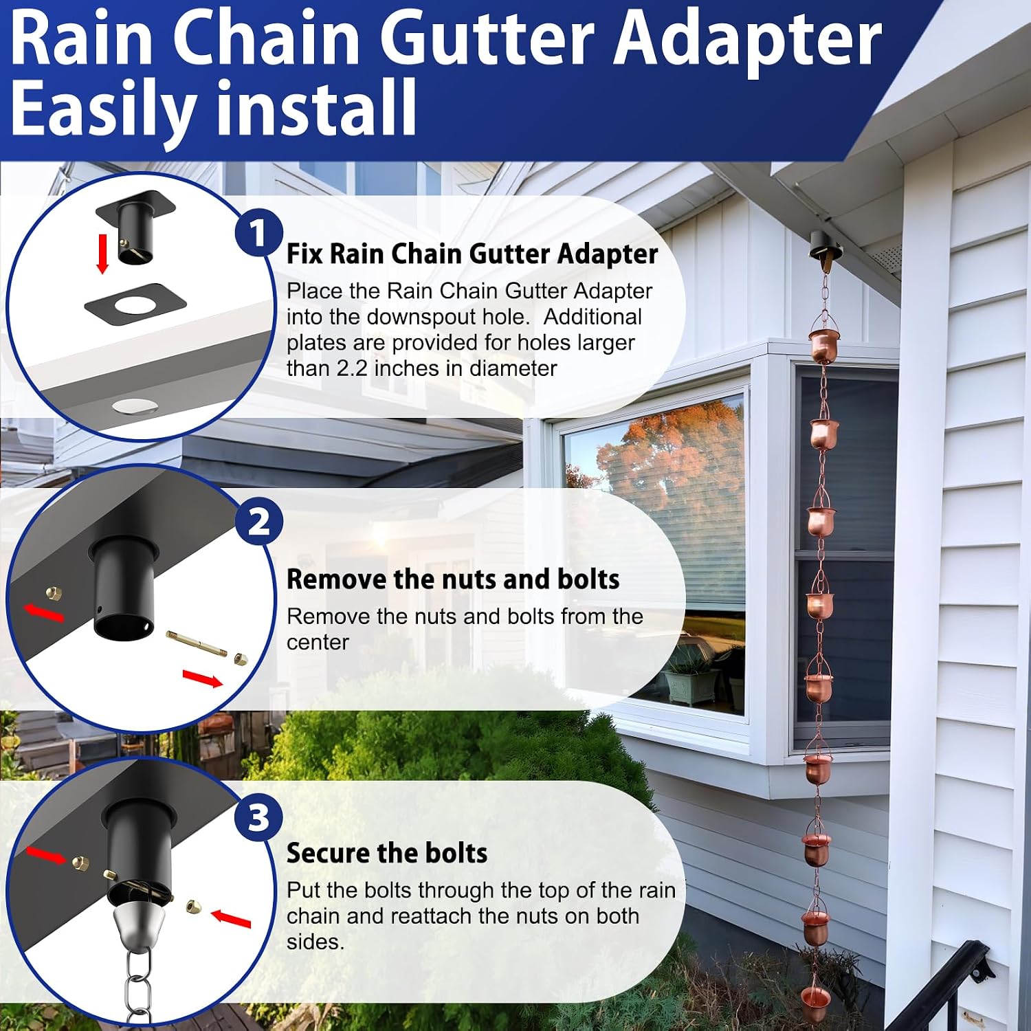 4pack Rain Chain Gutter with Bolt Anti-Rust Black Metal Adapter Decorative Rain Chains for Outside Gutter Downspout