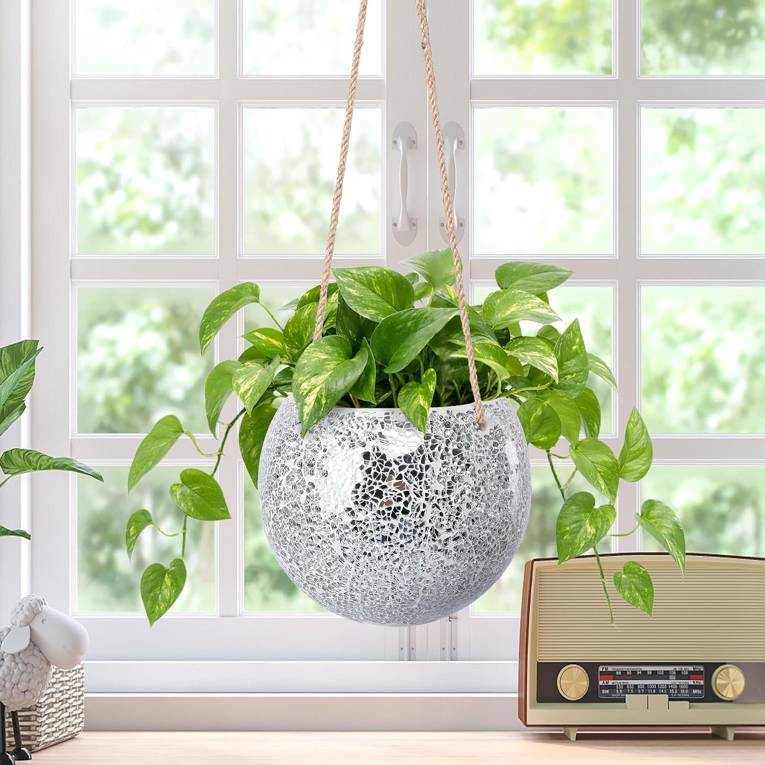 Ceramic Hanging Planter, Silver Small Flower Plant Pot Indoor Decor | Handmade Mosaic Disco Ball Design, with Drainage