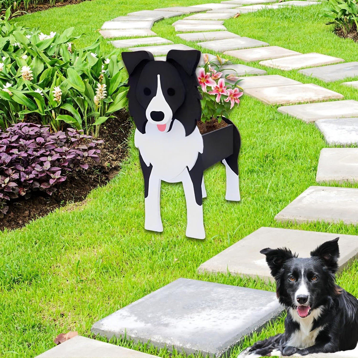 Border Collie Dog Planter Pots, Animal Shaped Flower Pot | Cute Plant Gift for Women and Pet Lovers, Indoor Outdoor