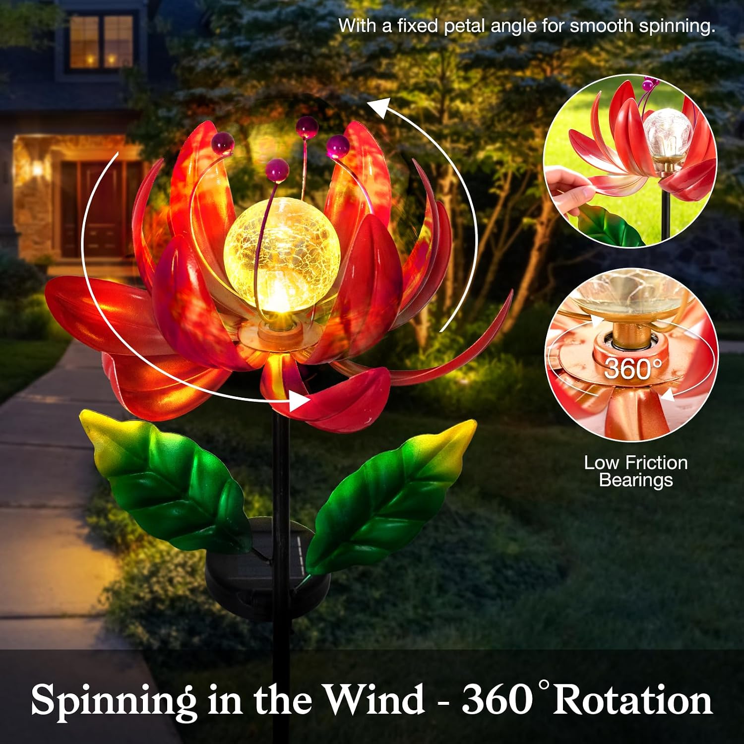 Solar Lights Outdoor Wind Spinners, Metal Lotus Flower Garden Decor with Waterproof LED Crackle Glass Globe for Patio
