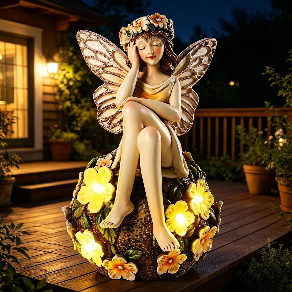 Solar Fairy Statue Sitting on the Flower Ball Light 6.8"Angel Statues | for Garden Yard Patio Porch Lawn Decor Resin