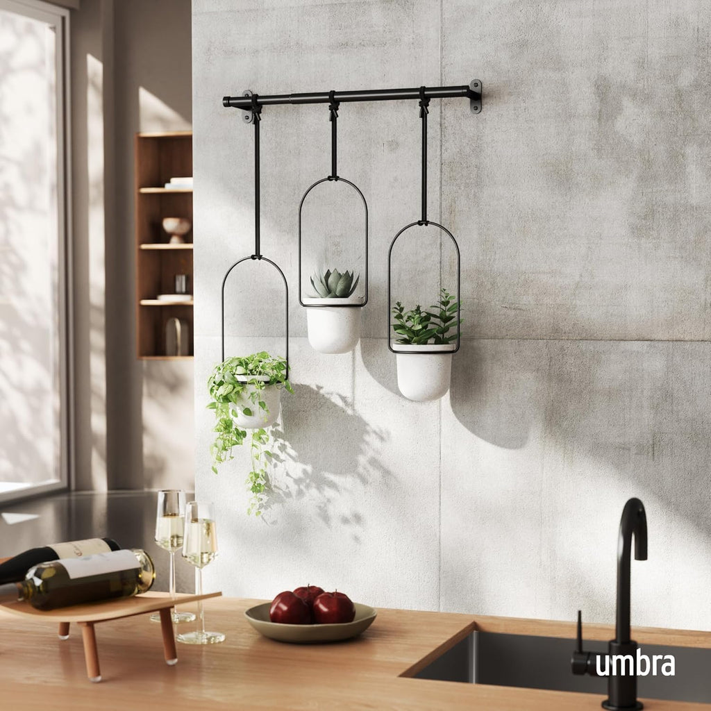 Umbra Triflora Hanging Planter, Indoor Herb Garden, Set of 3, White/Black | Extendable metal rod, adjustable rope