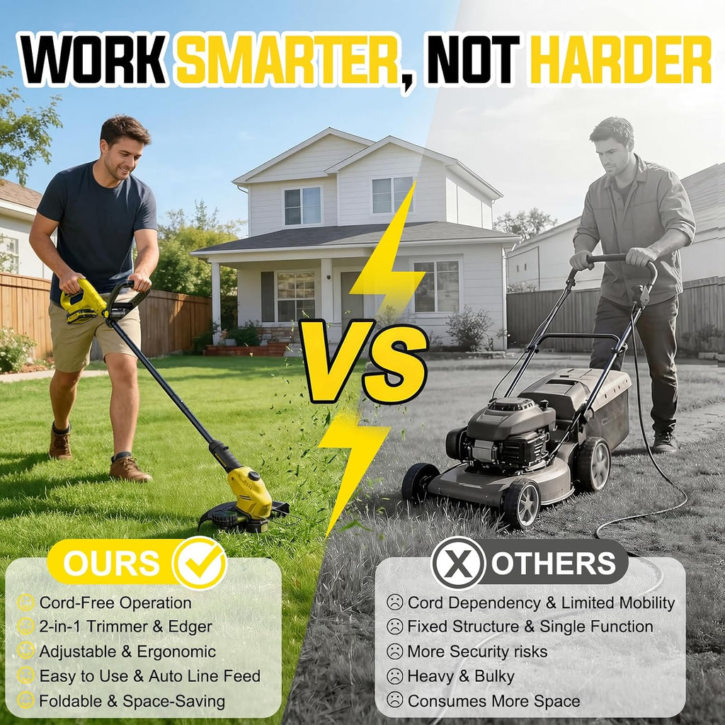 Weed Wacker, 21V Battery Powered Grass Trimmer & Edger 2-in-1 | Electric Weed Wacker with 2 × 2.0Ah Batteries and 8 ×