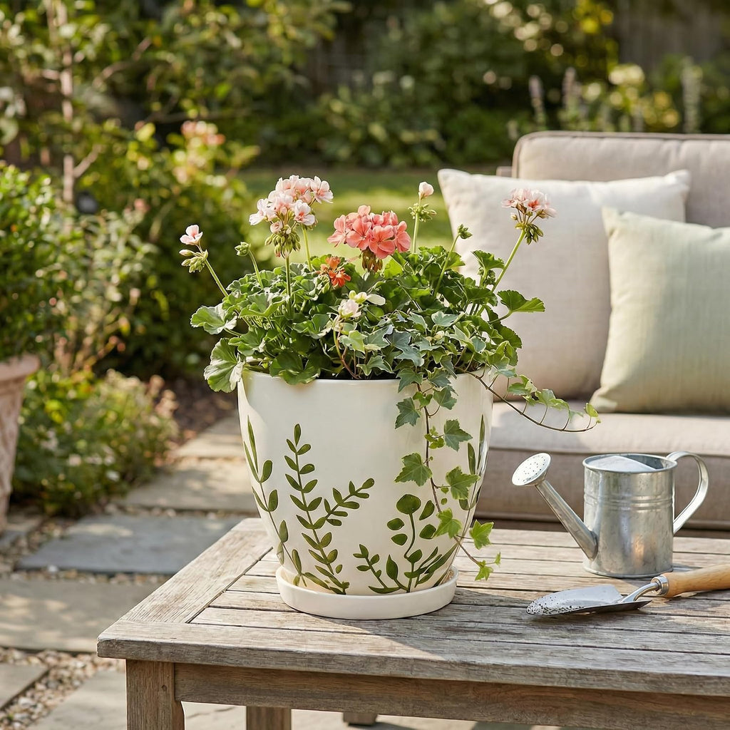 Ceramic Pot for Plants 8.2 Inch - Indoor Plant Pot with Drainage Hole and Saucer, Decorative Boho Round Outdoor