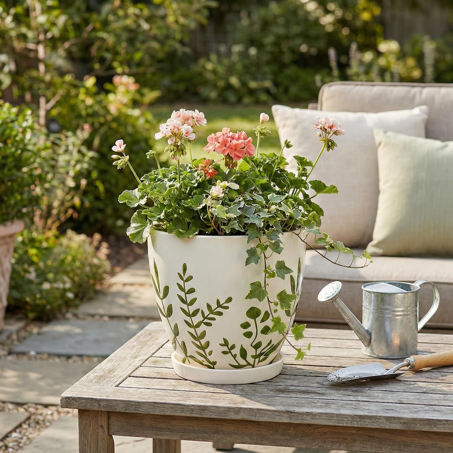 Ceramic Pot for Plants 8.2 Inch - Indoor Plant Pot with Drainage Hole and Saucer, Decorative Boho Round Outdoor